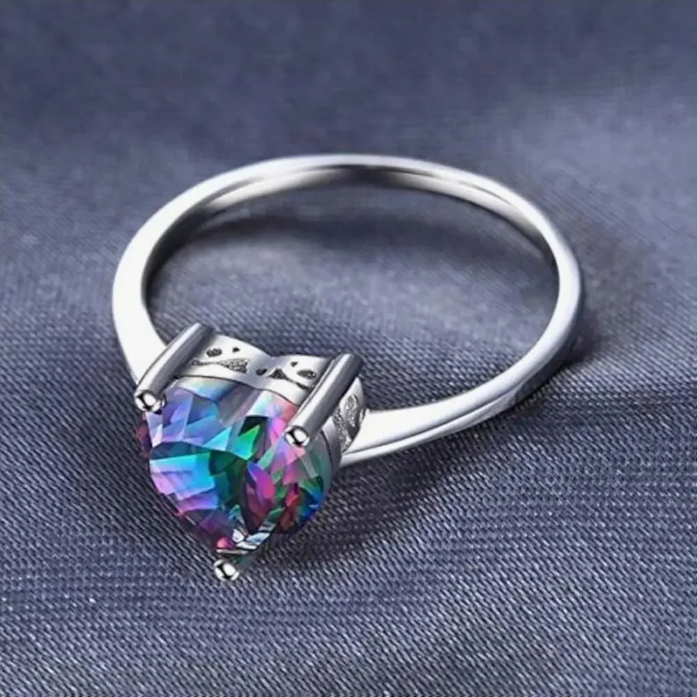 925 Sterling Silver Heart Rainbow Crystal Ring Size 9 Platinum Plated New